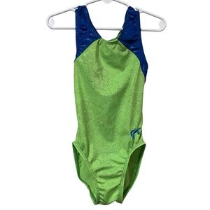 GK Neon Green Floral w Blue Sparkle Gymnastics Dance Leotard Size Child Medium